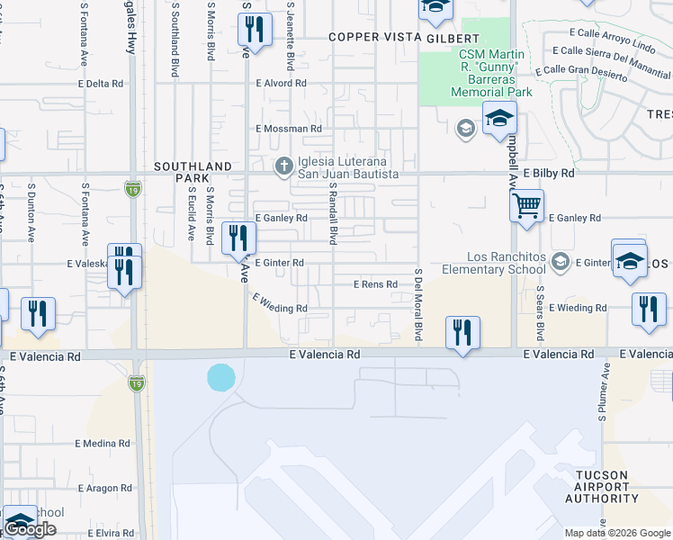 map of restaurants, bars, coffee shops, grocery stores, and more near 1302 East Ginter Road in Tucson