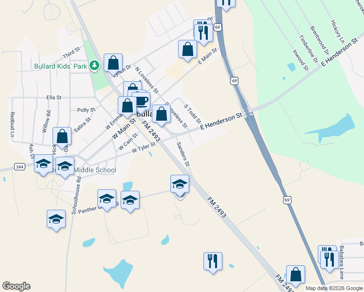 map of restaurants, bars, coffee shops, grocery stores, and more near 403 Sanders Street in Bullard