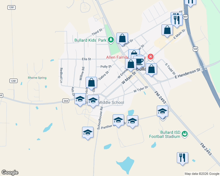 map of restaurants, bars, coffee shops, grocery stores, and more near 517 W Emma St in Bullard