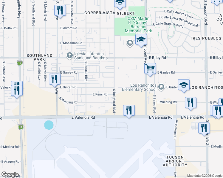 map of restaurants, bars, coffee shops, grocery stores, and more near 1510 East Ginter Road in Tucson