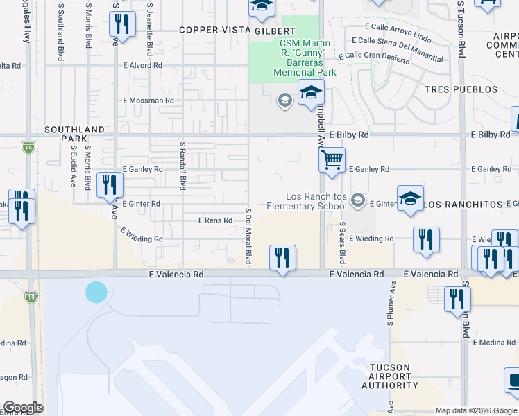 map of restaurants, bars, coffee shops, grocery stores, and more near 1634 East Calle Grandiosa in Tucson