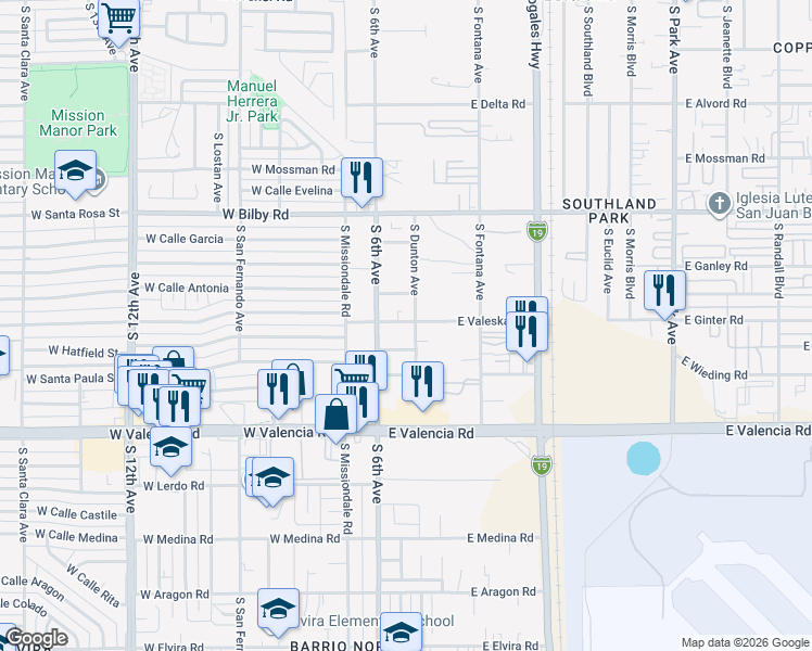 map of restaurants, bars, coffee shops, grocery stores, and more near 6300 South Dunton Avenue in Tucson