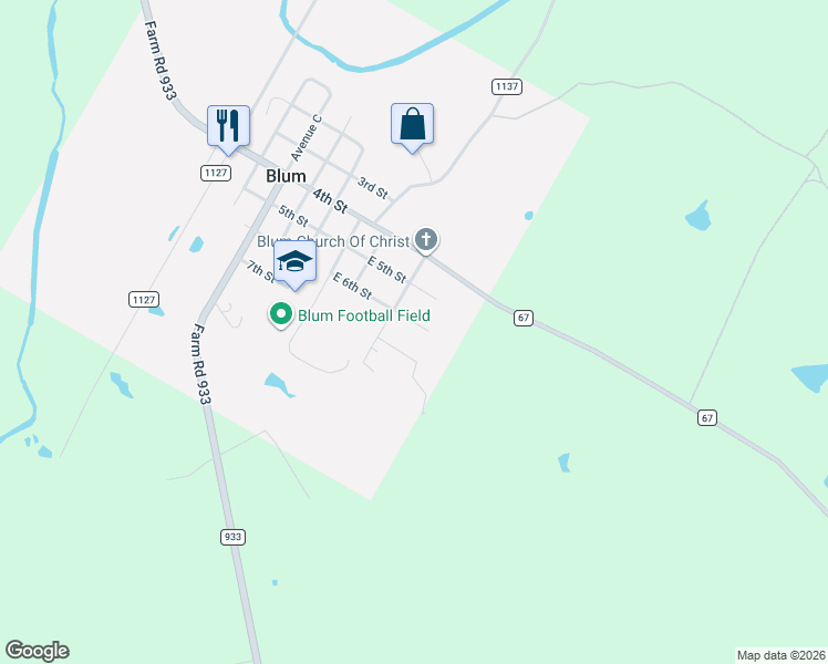 map of restaurants, bars, coffee shops, grocery stores, and more near 604 East 6th Street in Blum