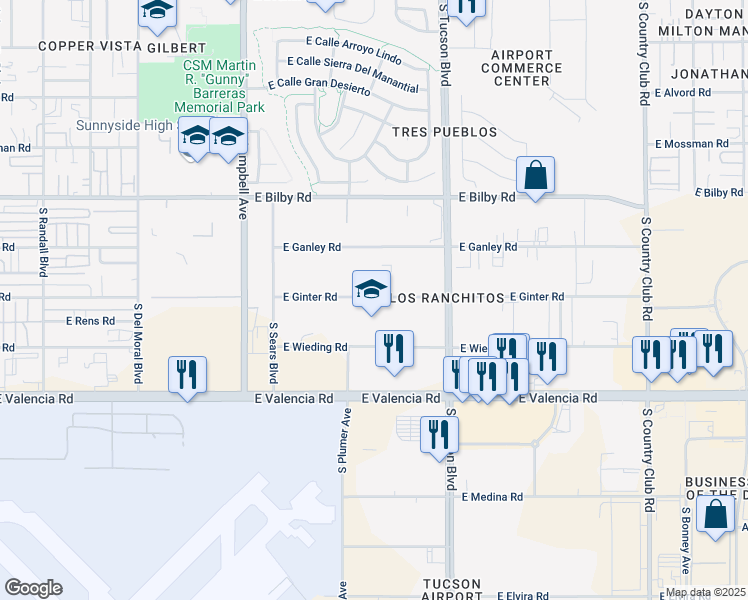 map of restaurants, bars, coffee shops, grocery stores, and more near 2238 East Ginter Road in Tucson