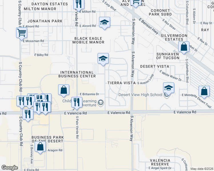 map of restaurants, bars, coffee shops, grocery stores, and more near 6312 South Sunrise Valley Drive in Tucson
