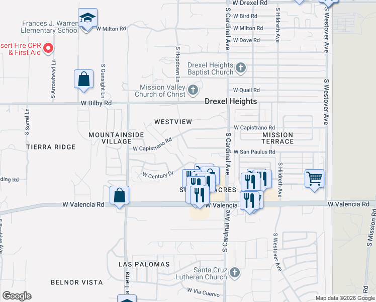 map of restaurants, bars, coffee shops, grocery stores, and more near 3029 West Camino Oro Blanco in Tucson
