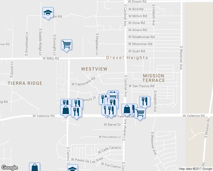 map of restaurants, bars, coffee shops, grocery stores, and more near 3029 West Camino Oro Blanco in Tucson