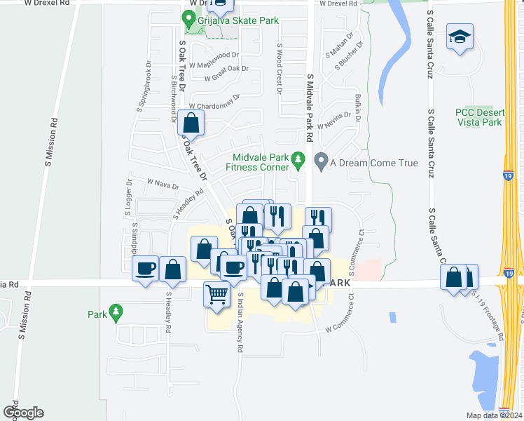 map of restaurants, bars, coffee shops, grocery stores, and more near 6277 South Avenue De La Chandelle in Tucson