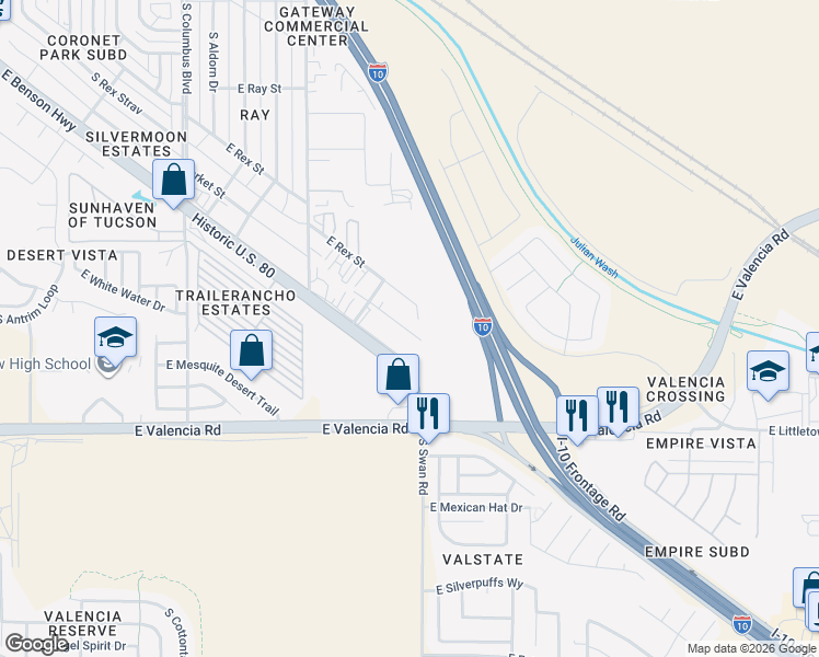 map of restaurants, bars, coffee shops, grocery stores, and more near 4680 East Rex Street in Tucson