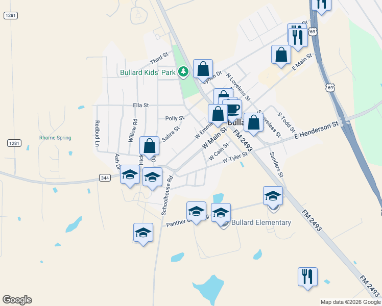 map of restaurants, bars, coffee shops, grocery stores, and more near 517 West Emma Street in Bullard