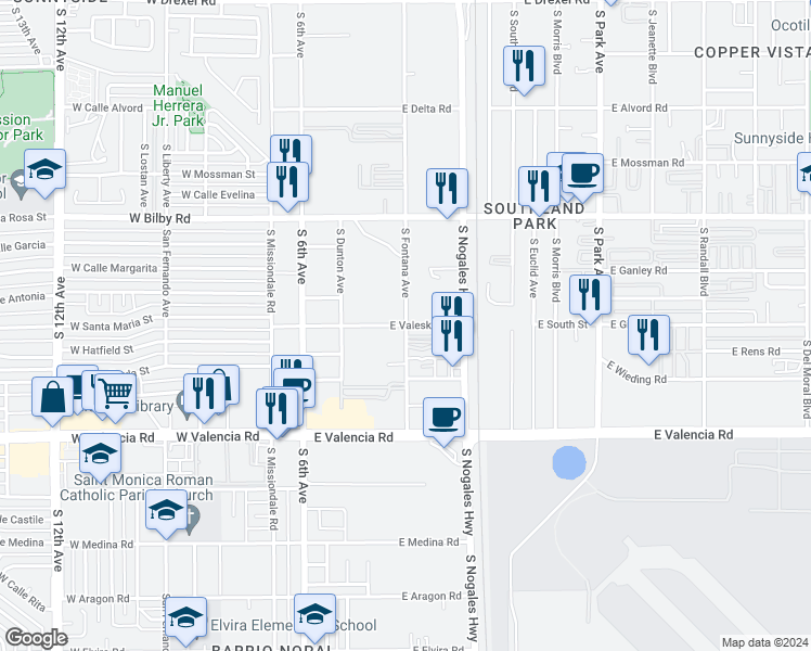 map of restaurants, bars, coffee shops, grocery stores, and more near 6298 South Fontana Avenue in Tucson