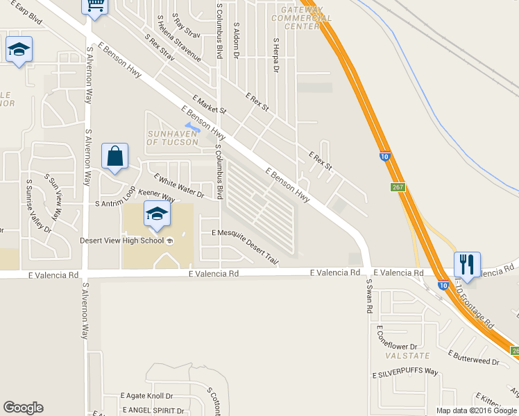 map of restaurants, bars, coffee shops, grocery stores, and more near Unnamed Road in Tucson