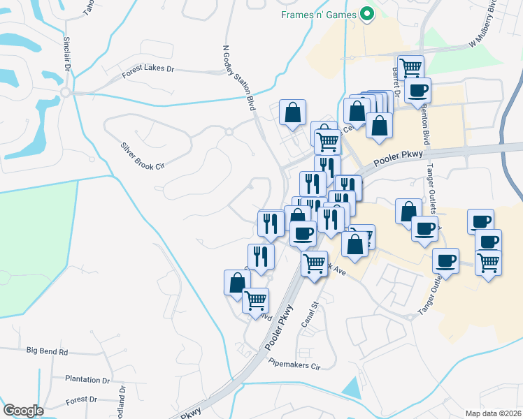 map of restaurants, bars, coffee shops, grocery stores, and more near 204 Towne Lake Way in Pooler