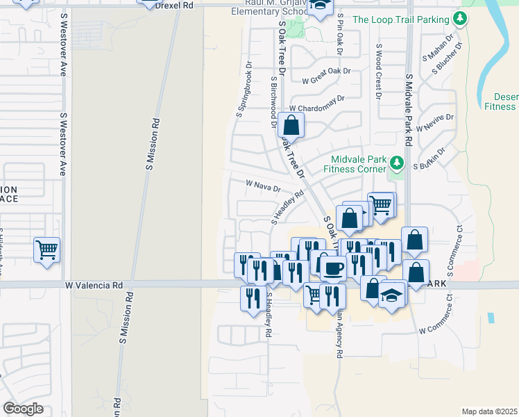 map of restaurants, bars, coffee shops, grocery stores, and more near 6300 South Headley Road in Tucson