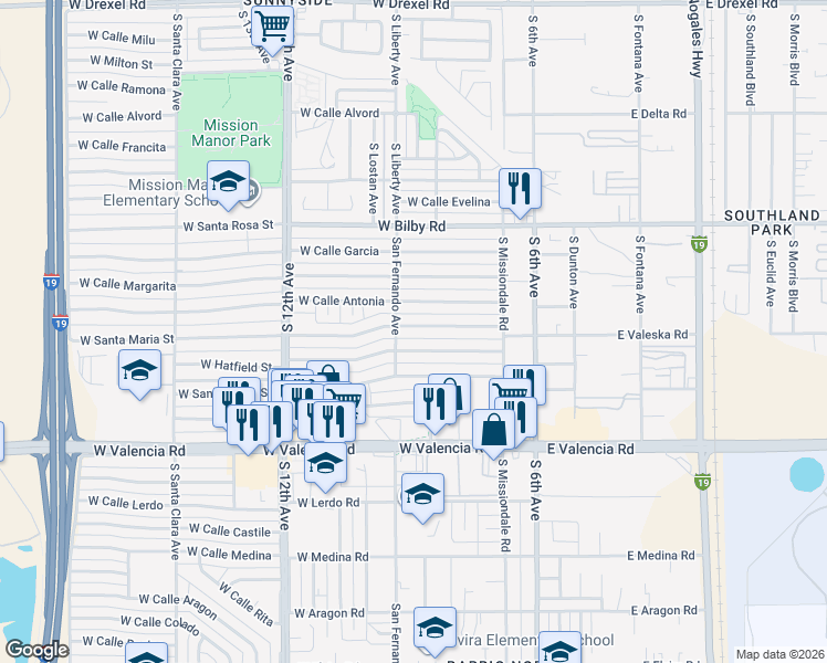 map of restaurants, bars, coffee shops, grocery stores, and more near 266 West Hatfield Street in Tucson