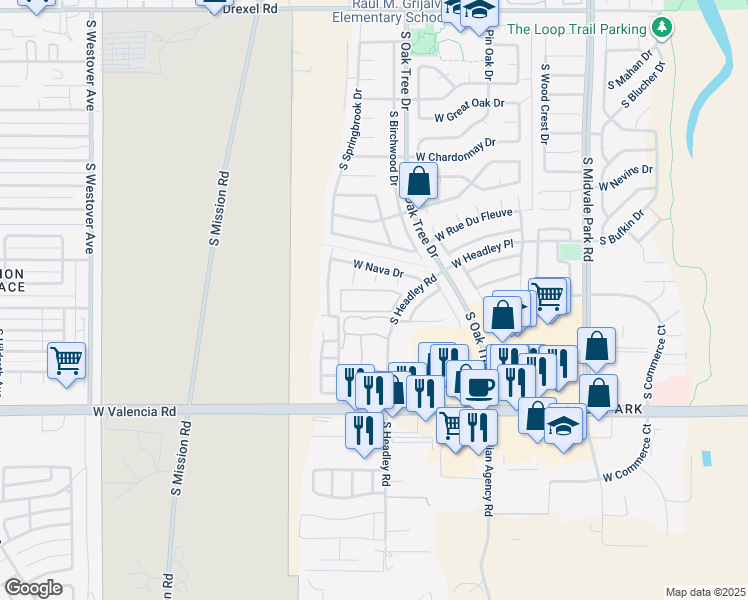 map of restaurants, bars, coffee shops, grocery stores, and more near 6300 South Headley Road in Tucson