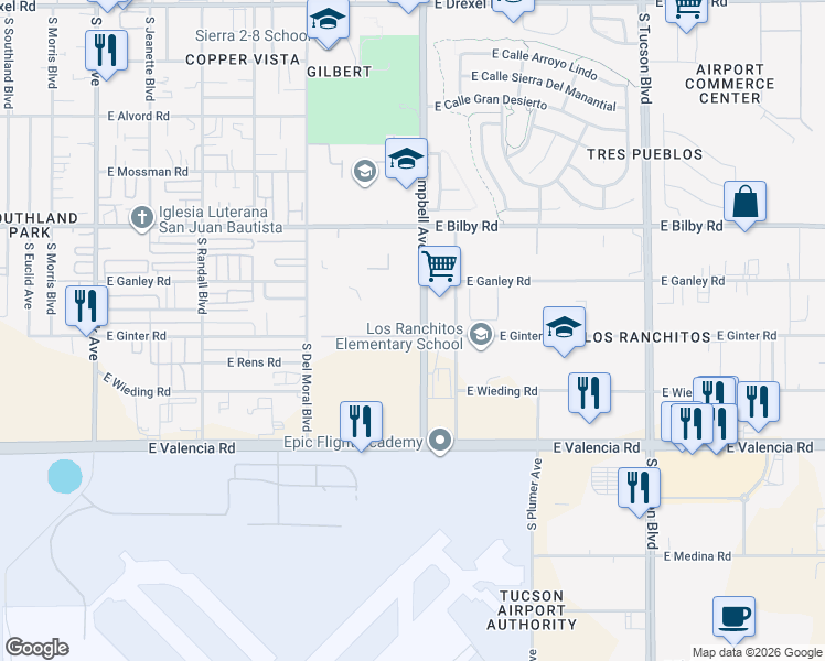 map of restaurants, bars, coffee shops, grocery stores, and more near 1885 East Calle Grandiosa in Tucson