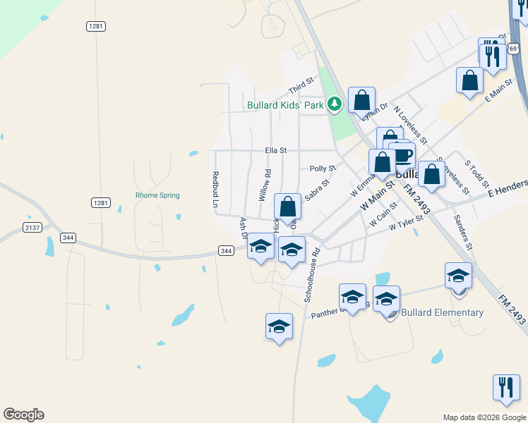 map of restaurants, bars, coffee shops, grocery stores, and more near 917 Redbud Place in Bullard