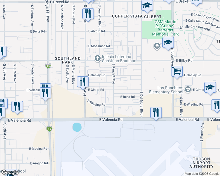 map of restaurants, bars, coffee shops, grocery stores, and more near 1302 East Ginter Road in Tucson