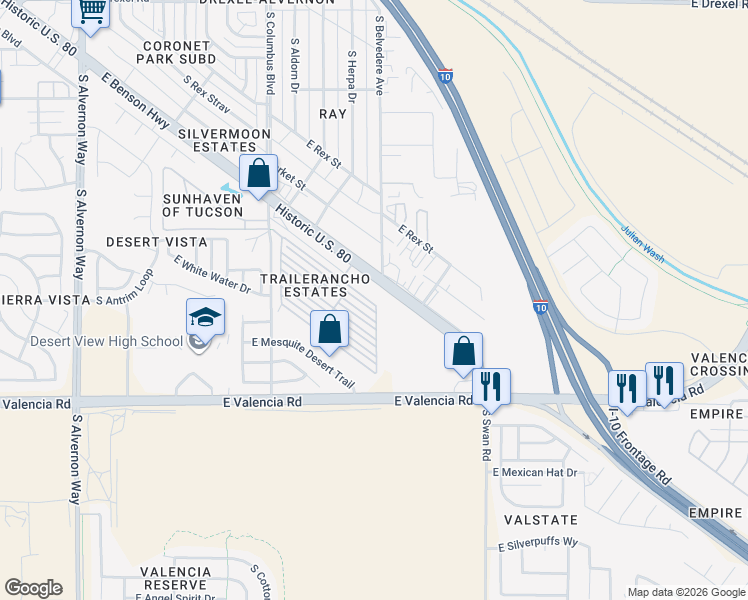 map of restaurants, bars, coffee shops, grocery stores, and more near 4444 East Benson Highway in Tucson
