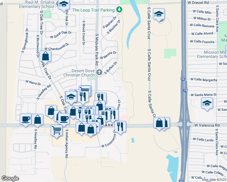 map of restaurants, bars, coffee shops, grocery stores, and more near 6257 South Commerce Court in Tucson