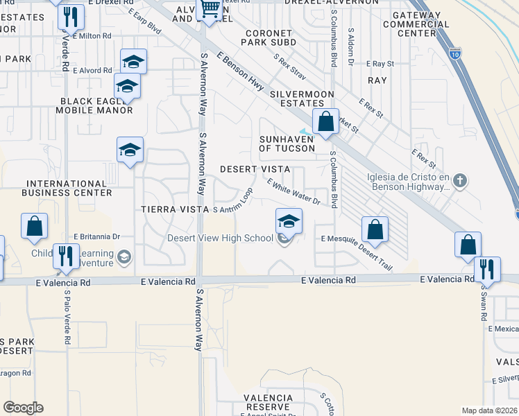 map of restaurants, bars, coffee shops, grocery stores, and more near 6289 South Flowing Water Place in Tucson