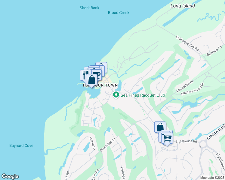 map of restaurants, bars, coffee shops, grocery stores, and more near 2 Lighthouse Lane in Hilton Head Island