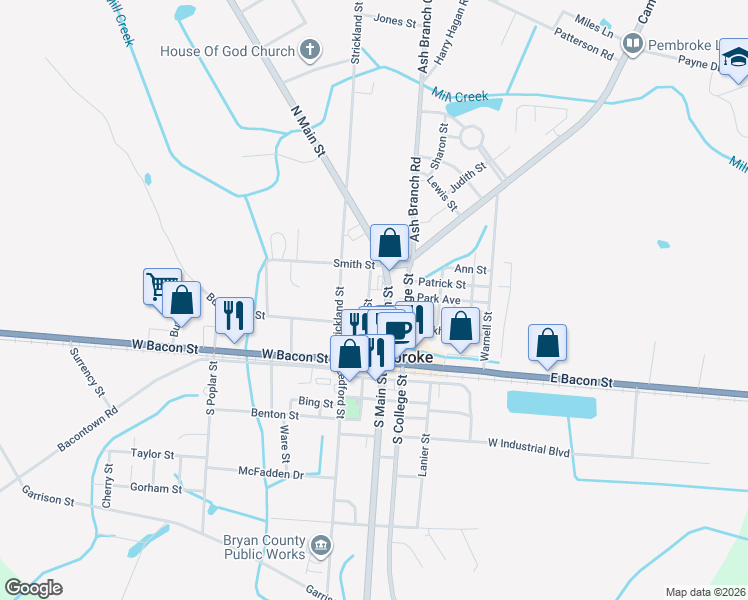 map of restaurants, bars, coffee shops, grocery stores, and more near 100 North Main Street in Pembroke
