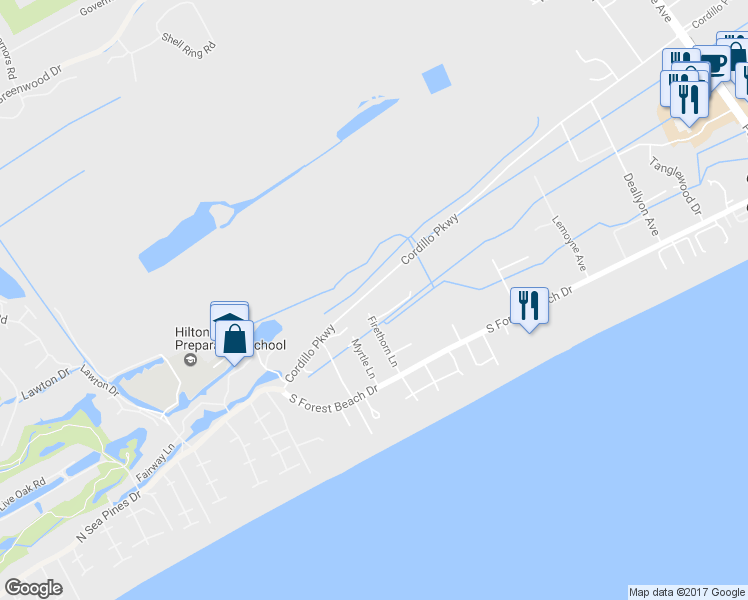 map of restaurants, bars, coffee shops, grocery stores, and more near 217 Cordillo Parkway in Hilton Head Island