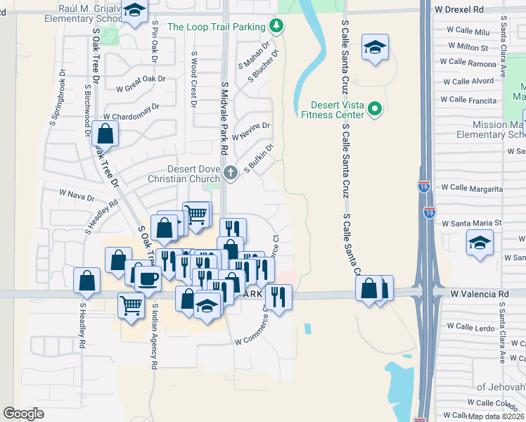 map of restaurants, bars, coffee shops, grocery stores, and more near 6257 South Commerce Court in Tucson