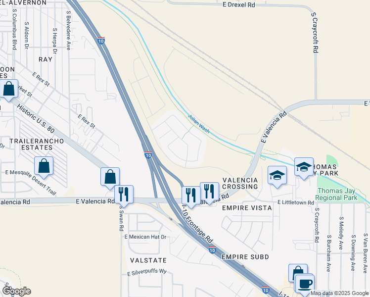 map of restaurants, bars, coffee shops, grocery stores, and more near Interstate 10 Frontage Road in Tucson