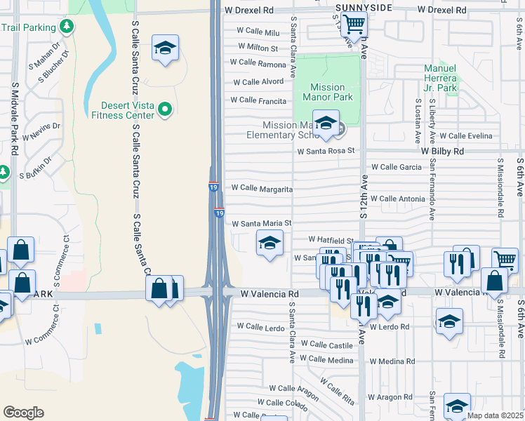 map of restaurants, bars, coffee shops, grocery stores, and more near 889 West Santa Maria Street in Tucson