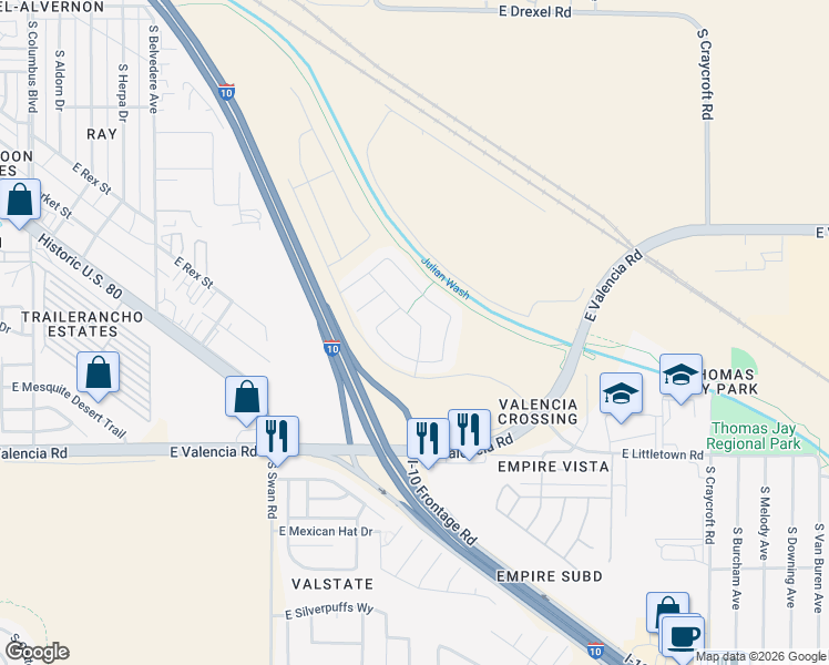 map of restaurants, bars, coffee shops, grocery stores, and more near Interstate 10 Frontage Road in Tucson