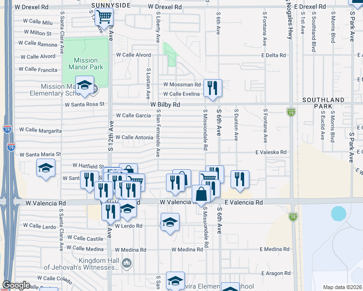 map of restaurants, bars, coffee shops, grocery stores, and more near 218 West Hatfield Street in Tucson