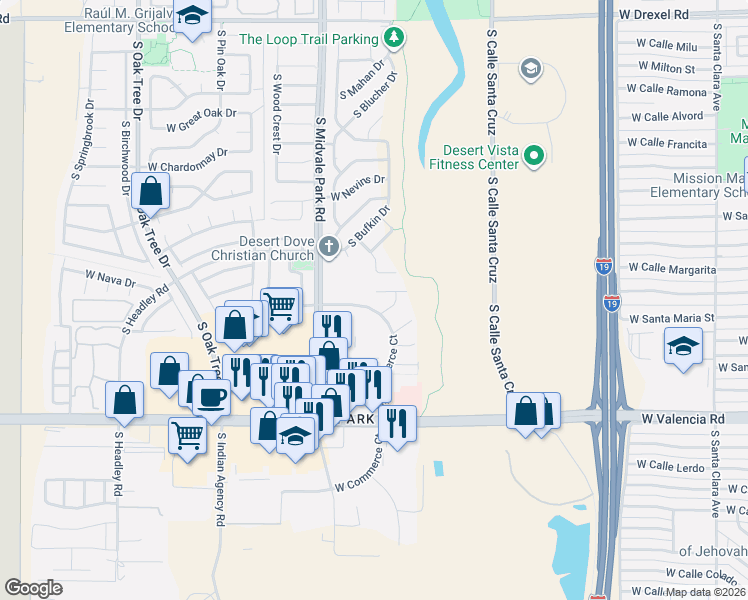 map of restaurants, bars, coffee shops, grocery stores, and more near 6257 South Commerce Court in Tucson