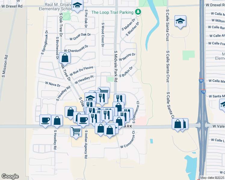 map of restaurants, bars, coffee shops, grocery stores, and more near 6220 South Sarah Elizabeth Drive in Tucson