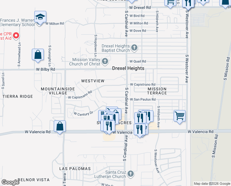 map of restaurants, bars, coffee shops, grocery stores, and more near 2943 West Capistrano Road in Tucson