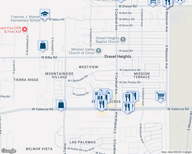 map of restaurants, bars, coffee shops, grocery stores, and more near 3025 West Capistrano Road in Tucson