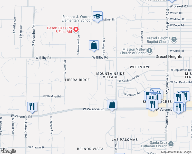 map of restaurants, bars, coffee shops, grocery stores, and more near 6206 South Barrister Road in Tucson