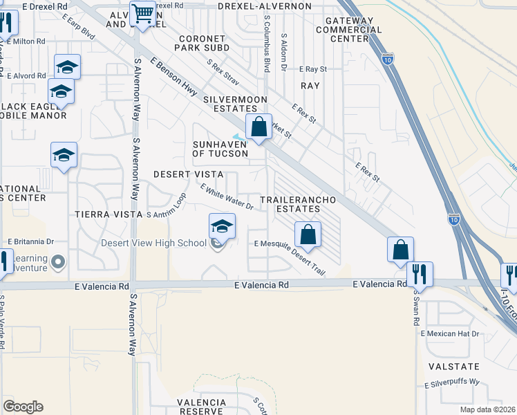 map of restaurants, bars, coffee shops, grocery stores, and more near 4444 East Benson Highway in Tucson