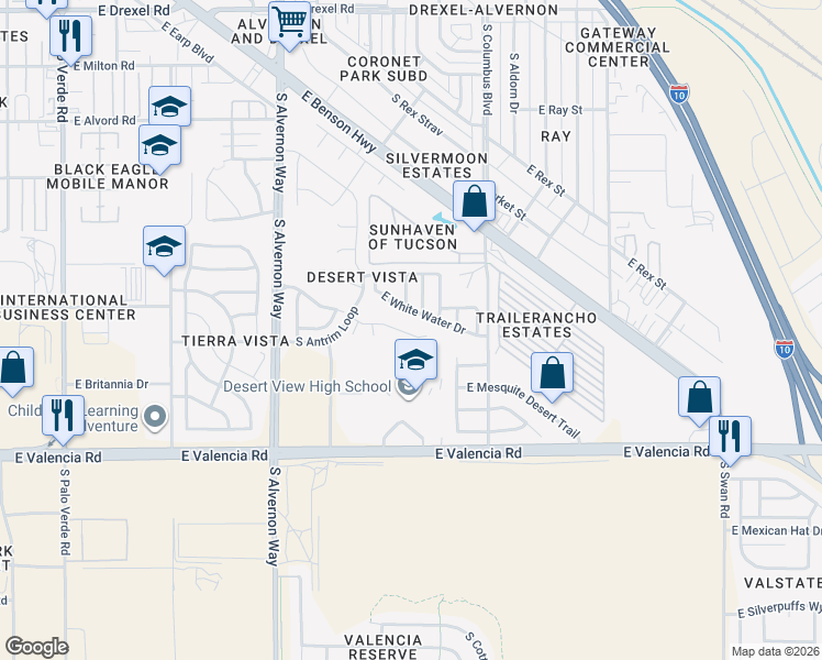 map of restaurants, bars, coffee shops, grocery stores, and more near 6236 South Blue Water Drive in Tucson