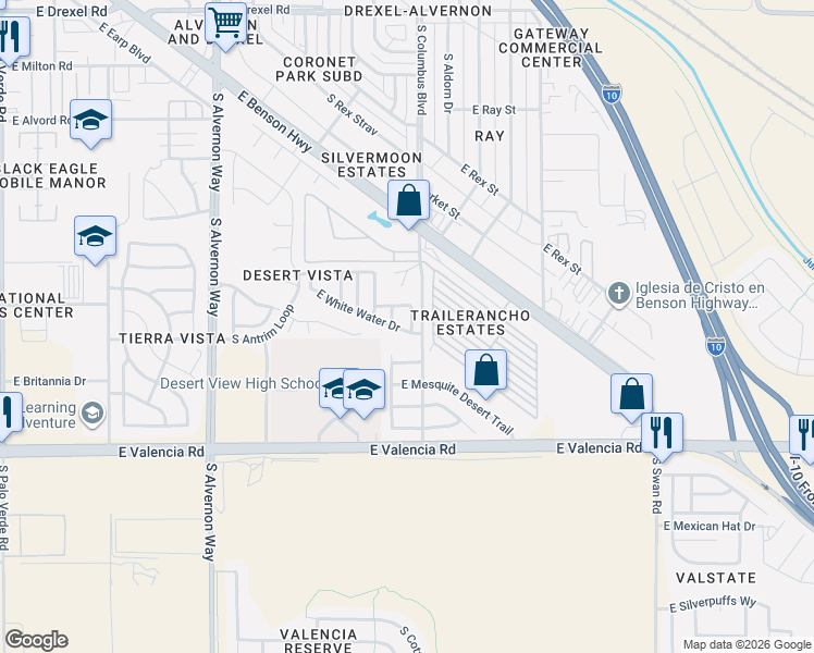 map of restaurants, bars, coffee shops, grocery stores, and more near 4255 East White Water Drive in Tucson