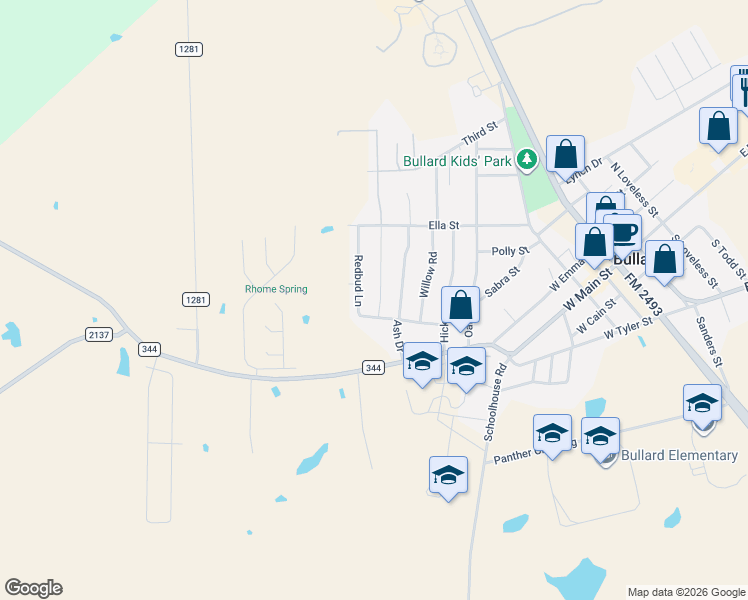 map of restaurants, bars, coffee shops, grocery stores, and more near 110 Bois D Arc Drive in Bullard