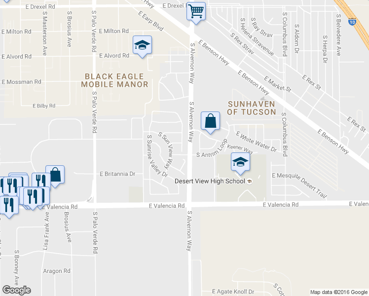 map of restaurants, bars, coffee shops, grocery stores, and more near 6249 South Earp Washington Lane in Tucson