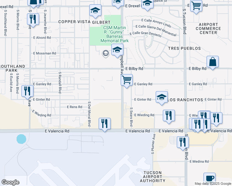 map of restaurants, bars, coffee shops, grocery stores, and more near 6240 South Campbell Avenue in Tucson