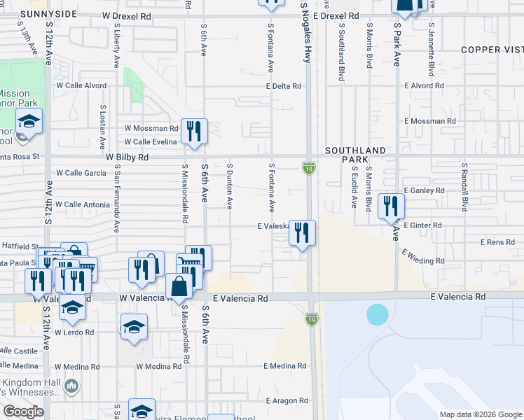 map of restaurants, bars, coffee shops, grocery stores, and more near 6220 South Fontana Avenue in Tucson