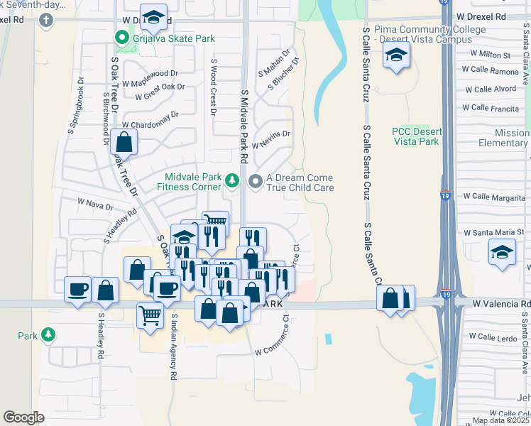 map of restaurants, bars, coffee shops, grocery stores, and more near 6200 South Truman Drive in Tucson