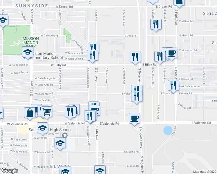 map of restaurants, bars, coffee shops, grocery stores, and more near 6237 South Dunton Avenue in Tucson