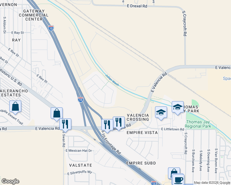 map of restaurants, bars, coffee shops, grocery stores, and more near 6265 South Desert Peak Drive in Tucson