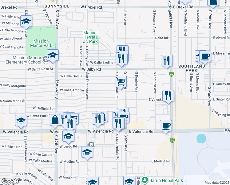 map of restaurants, bars, coffee shops, grocery stores, and more near 118 West Calle Antonia in Tucson